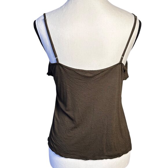 Womens Blouse Army Green Sz M Button-Down Ruffle Camisole Top Spaghetti Straps - Picture 2 of 9